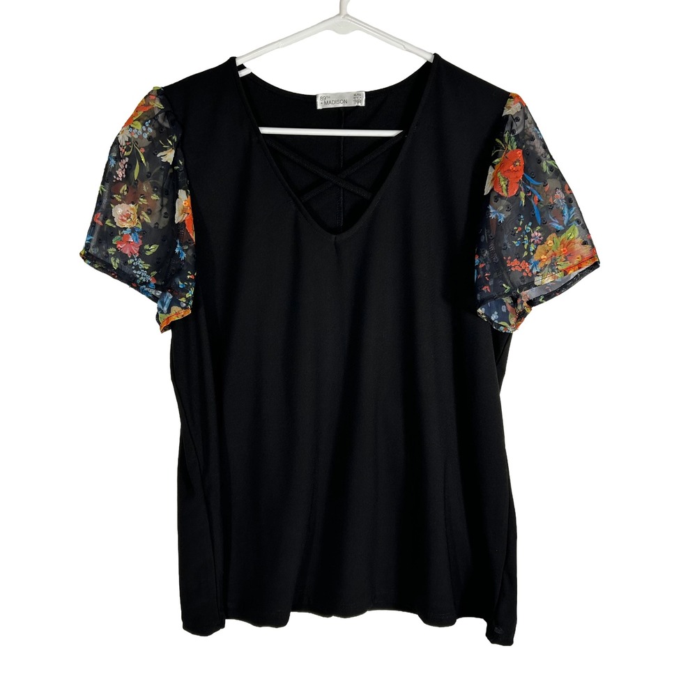 89th + Madison Black V-Neck Top Floral Mesh Swiss Dot Short Sleeve XL Womens